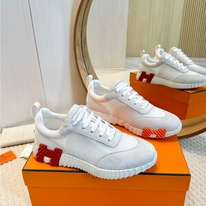 Hermes White Sneakers with Red Accent Detail